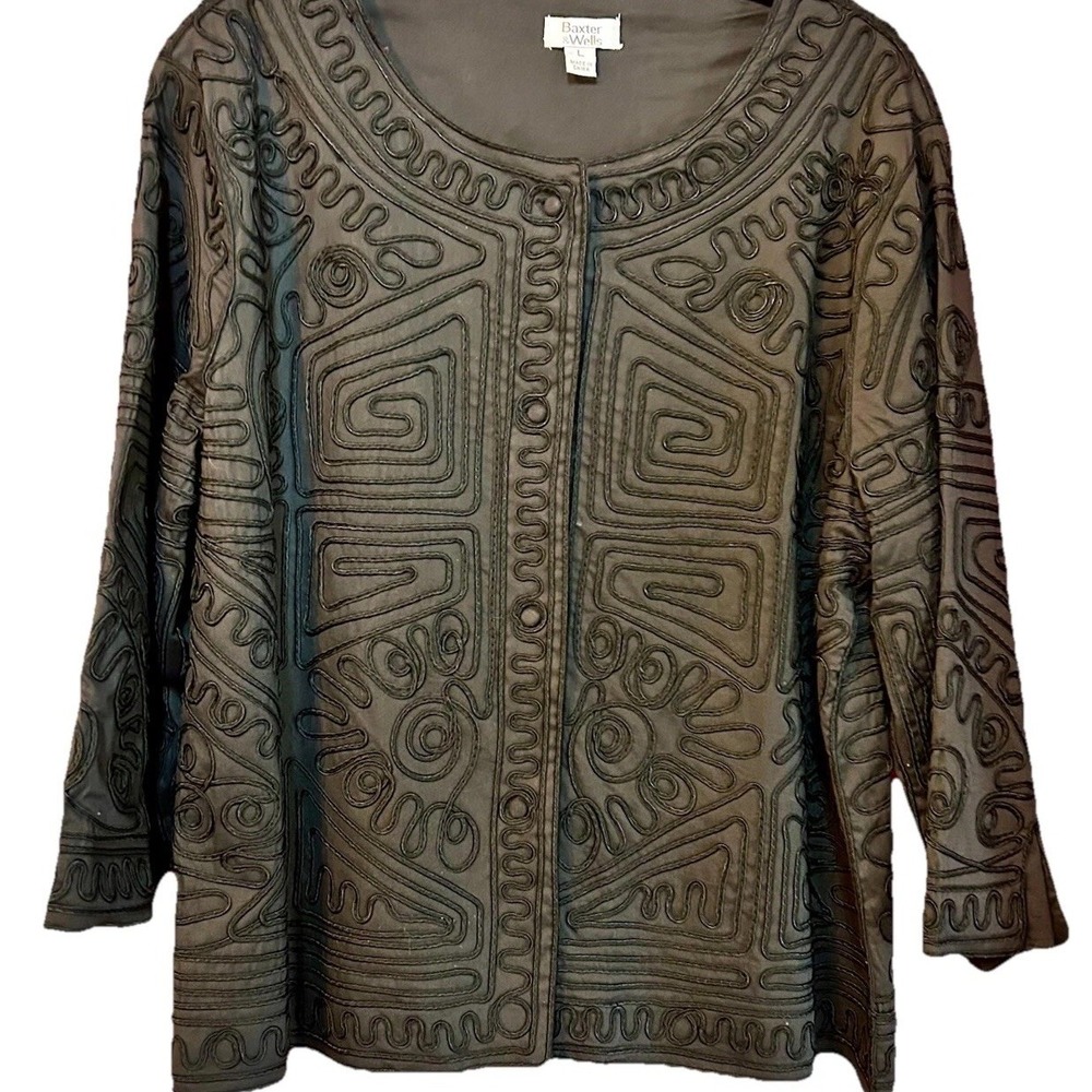 Baxter & Wells Women's Sz L Embroidered Button Front 3/4 Sleeve Cardigan Black